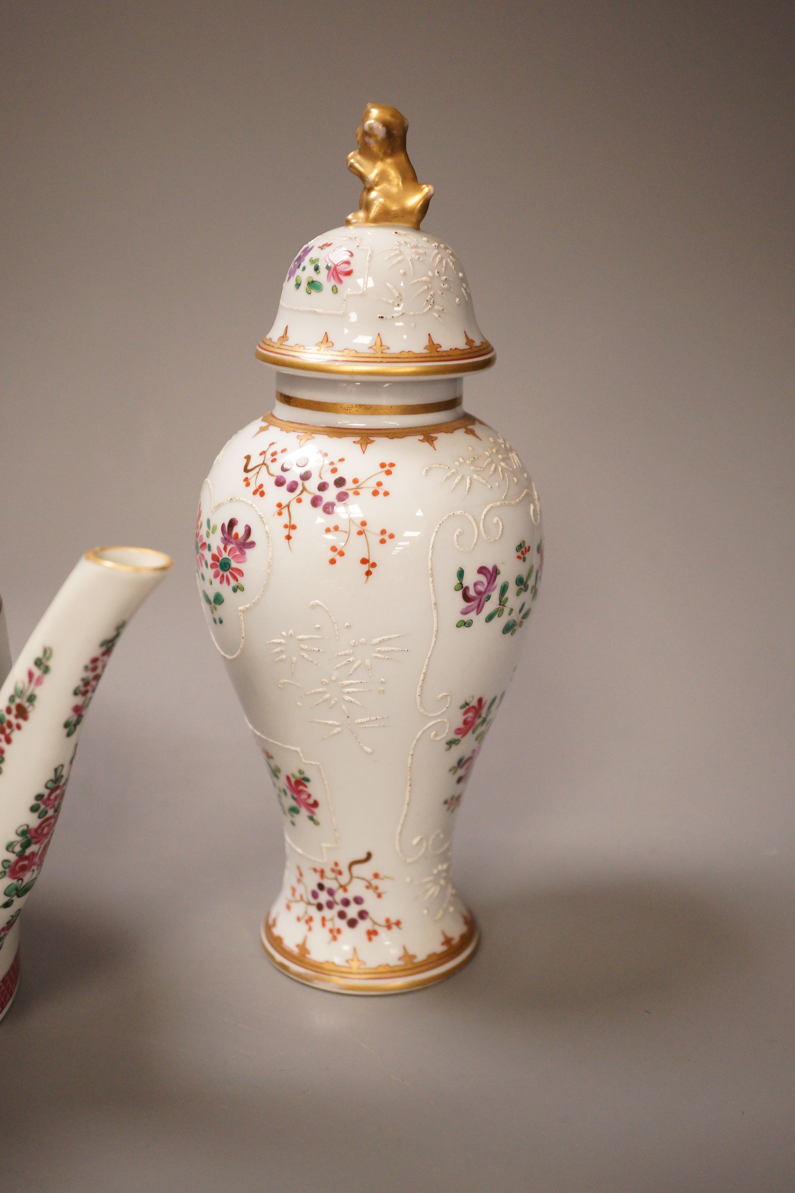 A Samson lidded Chinese armorial style baluster vase and a similar teapot, 23cm